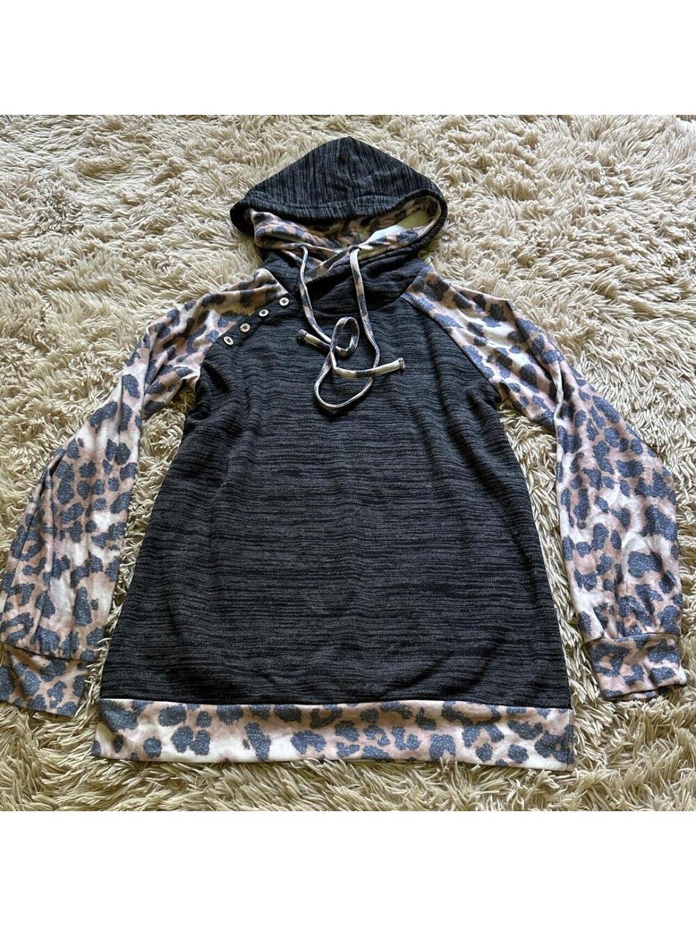 Women's Lightweight Hoodie with Leopard Print Sleeves and Hood - Size S
